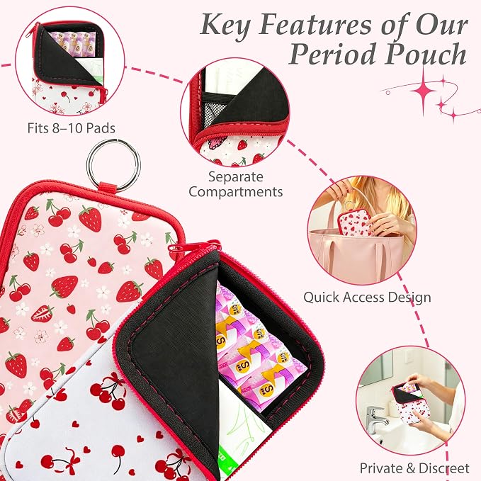 KJQJLY 2 Pack Portable Tampon Organizer Bag Tampon Holder & Storage Case with Zipper for Travel, Discreet Period Bag for Purse, Waterproof Feminine Products Pouch for Women (Strawberry&Cherry)