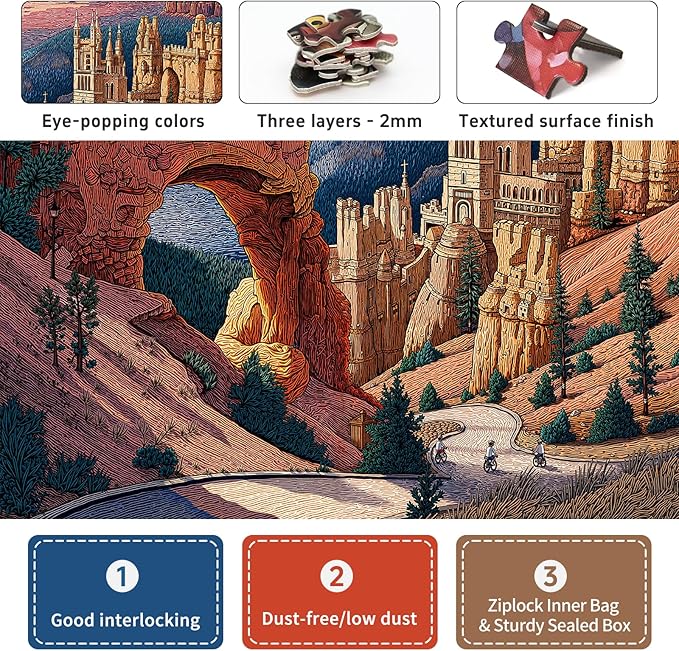 1000 Piece Jigsaw Puzzle for Adults, Cityscape Jigsaw Puzzle, Utah Arches Fantasy Castle Landscape with Bikers, 1000 Piece Challenging Art Puzzle, 22.5 x 22.5 in