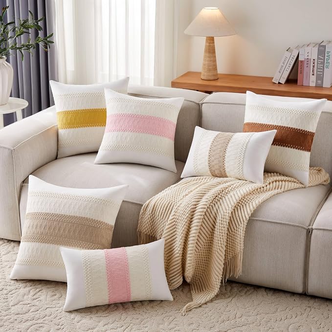 2pk Boho Pillow Covers 24x24, Natural White/Contrast/Caramel | 100% Organic Cotton Body, Stripe Embroidery, Farmhouse Decorative Cushion Covers for Sofa Bed Living Room Home Decor