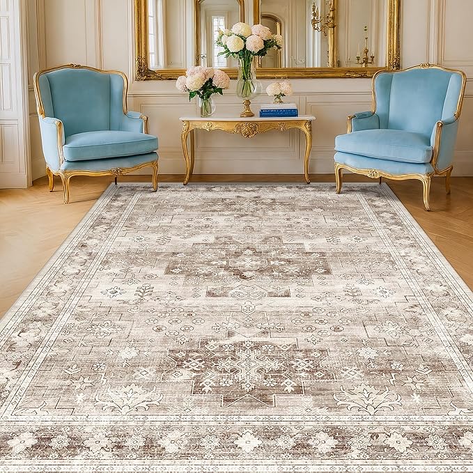 Washable Neutral Farmhouse Living Room Rug, 6x9 Area Rugs for Bedroom, Dining Room Under Table Carpet, Kids Room, Large Boho Vintage Non-Slip Floral Rugs Low Pile Stain Resistant (6x9 Beige/Latte)