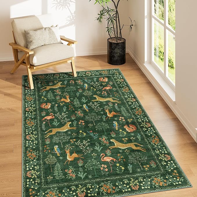 DUKINO 3x5 Rug, Washable Animal Area Rug for Bedroom Non Slip, Green | Low Pile, Stain Resistant, Soft Indoor Carpet for Living Room, Kitchen, Dining Room, Nursery, Lightweight, Pet Friendly