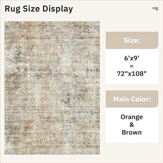 Soalmost Abstract Area Rug 6x9 for Living Room Washable Rugs Orange/Brown | Non-Slip Low-Pile Carpet for Dining Bedroom, Foldable Thin Vintage Stain Resistant Floor Mat Under Table Home Office Nursery