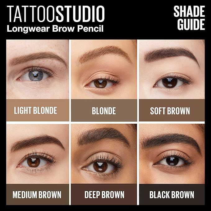 Maybelline TattooStudio Waterproof Eyebrow Pencil, Sharpenable, Longwear, Long Lasting, Pigmented Eyebrow Pencil for Defined Brows, Blonde, 1 Count