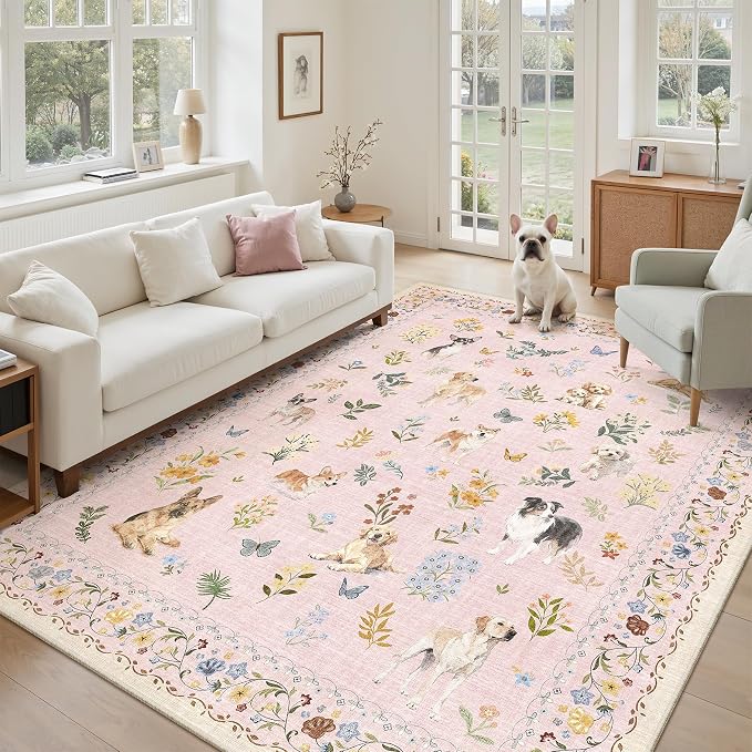 Soalmost Dog 5x7 Pink Area Rugs for Baby Girl Nursery, Washable Soft Rug | Floral Vintage Non-Slip Low Pile Cute Throw Rugs for Living Room Kitchen Dining Room Bedroom Nursery Playroom 5' x 7'