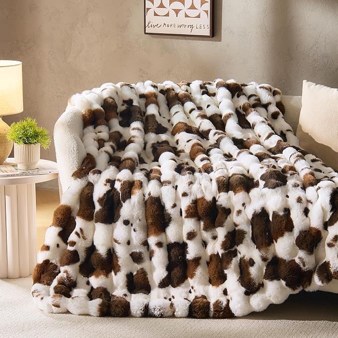 DOWNCOOL Faux Fur Throw Blanket for Couch, Ultra Soft Fluffy Fuzzy Plush Bubble Blanket for Sofa Bedroom Living Room, Cozy Warm Luxury Fleece Minky Blanket, 50x60 Inches Cow Print-Brown