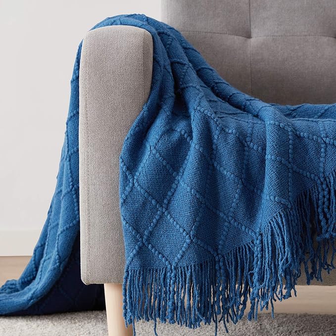 BOURINA Royal Blue Throw Blanket 50x60 Inch Knitted Soft Throw Sofa Blanket | Knitted Throw Blanket 50x60 Inches, Soft Lightweight Boho Weave Throw Decorative Couch Blanket for Living Room Bedroom Chair