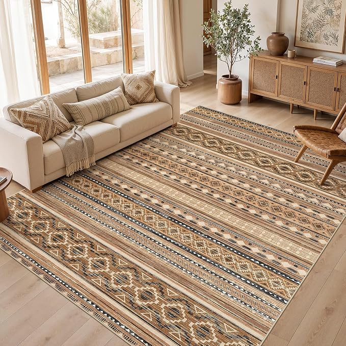 cotiled 7x9 Area Rugs Living Room Rug: Washable Boho Rugs with Non Slip Backing Large Soft Indoor Stain Resistant Carpet for Bedroom Farmhouse Dining Room Lightweight Home Decor Brown/Beige