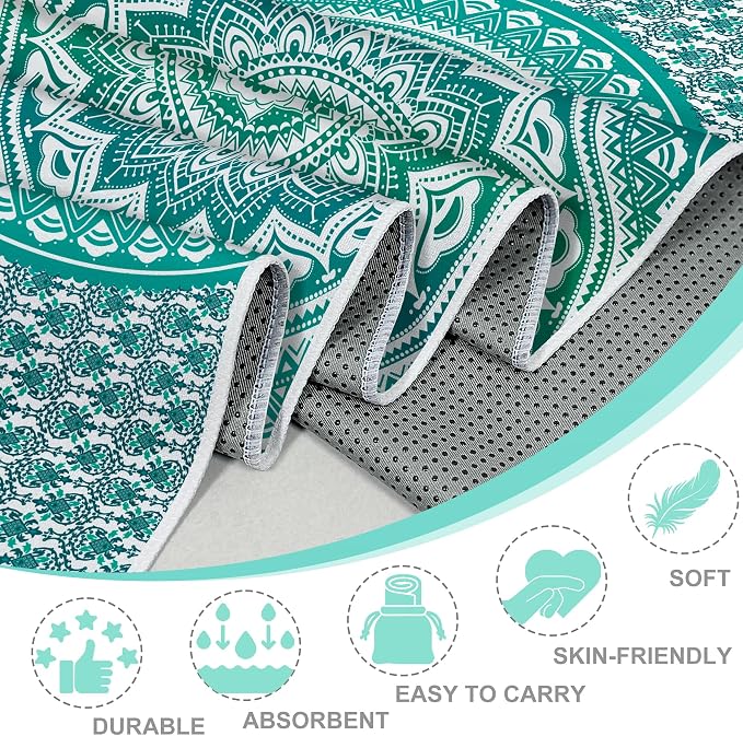 Yoga Towel,Absorbent Yoga Mat Towel for Hot Yoga Non Slip,Stylish Prints,Ideal for Workouts,Hot Yoga,Bikram,Pilates Equipment,72 x 27 in,Green Mandala
