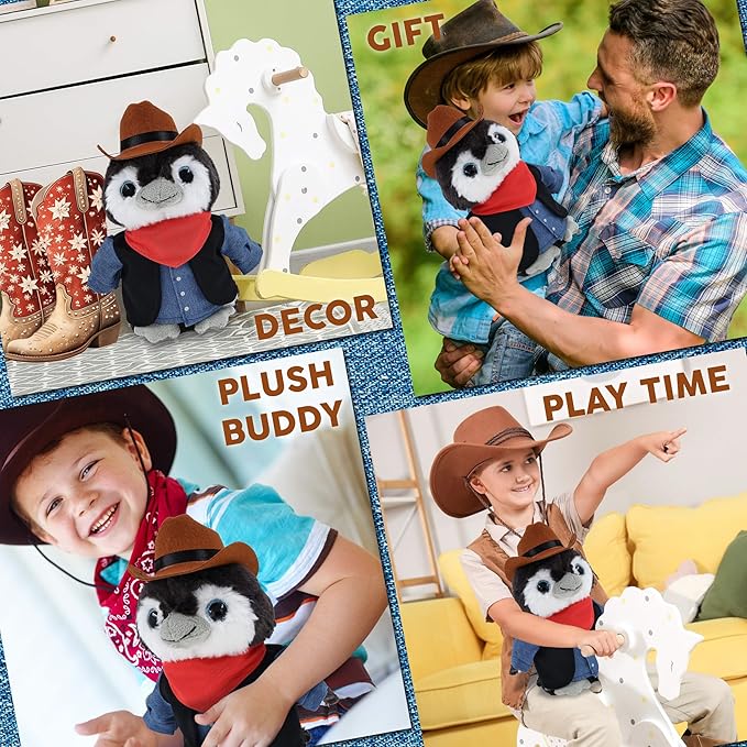 DolliBu Grey Penguin Stuffed Animal Cowboy Plush with Name Personalization - Western-Themed Penguin Plush with Cute Cowboy Costume Denim Shirt Vest, Bandana, Leather Pants, and Hat - 9 Inches