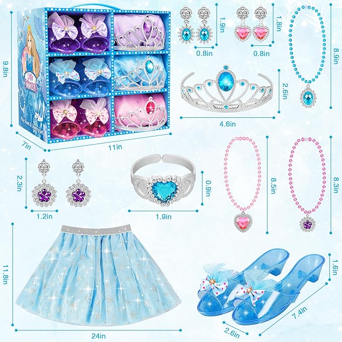 Princess Dress Up Toys & Jewelry Boutique, Costumes Set incl Color Skirts, Shoes, Crowns, Accessories, Girls Role Play Gift for 3 4 5 6 Year Old Girl Toddler B-Day Party Favors