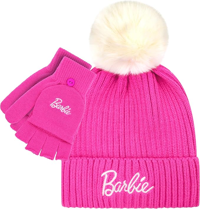 Barbie Winter Hat for Women – Winter Beanie Hats for Women with Gloves, Warm Beanie Hats, Pink Knitted Beanie