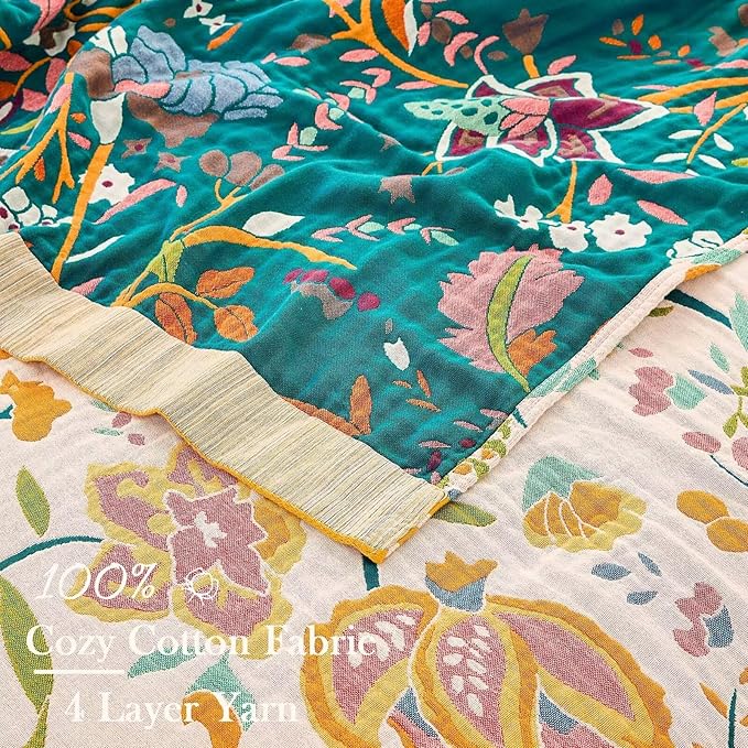 XIBLC Boho Throw Blanket for Bed, 100% Cotton Soft Rustic Quilt Fall Blanket, 50"x60" Yellow Floral Printed Farmhouse Decor Bed Blankets, All Season Rustic Reversible Bohemian Throw Quilt