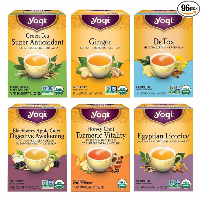 Yogi Digestion & DeTox Sampler Pack (6 Pack) - Wellness Support - Herbal & Green Tea - 96 Tea Bags