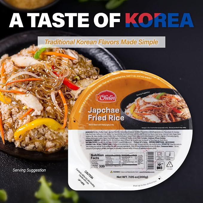 [KCHELIN] Microwaveable Korean Japchae Fried Rice (Pack of 6), Korean Food, Instant, Quick & Delicious, Shelf- Stable, On-the-Go Meals, 7.05 oz per Bowl