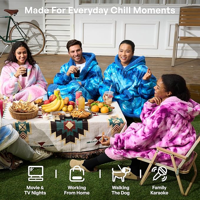 Giggling Getup Wearable Blanket Hoodie for Adults Gifts for Teen Girls Sister Women Sherpa Fleece Printed Hooded Blanket Sweatshirt Warm Cozy with Pocket & Sleeves Dark Blue Tie Dye