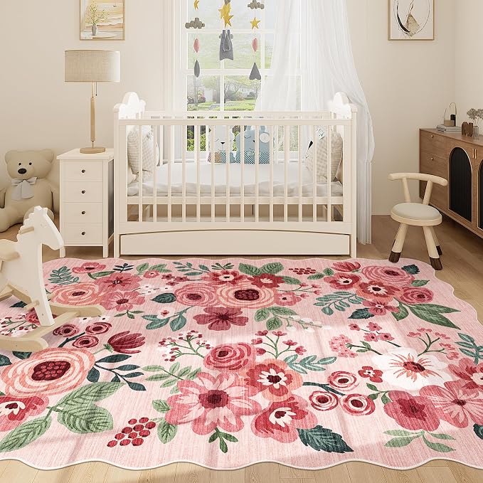 DUKINO 5x7 Area Rugs for Bedroom, Floral Washable Rug Non Slip, Pink | Low Pile, Soft, Stain Resistant Throw Rugs for Living Room, Dining Room, Office, Nursery, Pet Friendly, Modern Home Decor