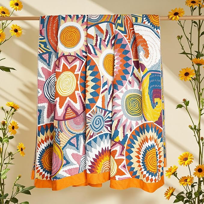 VANJOROY Boho Throw Blanket, 100% Organic Muslin Cotton Skin-Friendly Breathable Ultra Soft Bed Quilt Throw - All Season Decor Colorful Blanket for Sofa Couch Chair and Gift. 91" x 108"