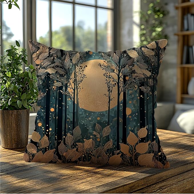 Rustic William Morris Style Gold Moon Pillow Covers 18x18,Vintage Black and Gold Forest Moon Botanical Nature Landscape Decorative Throw Pillow Covers for Home Bedroom Living Room