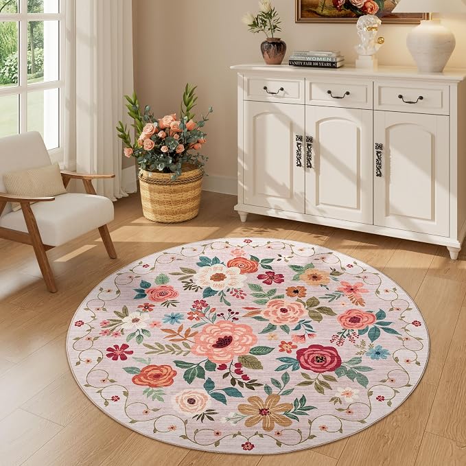 DUKINO 4ft Round Rug, Floral Washable Small Round Area Rug Non Slip, Beige | Soft, Low Pile, Stain Resistant Indoor Circle Rug for Bedroom, Kitchen, Kids Room, Living Room, Pet Friendly, Home Decor