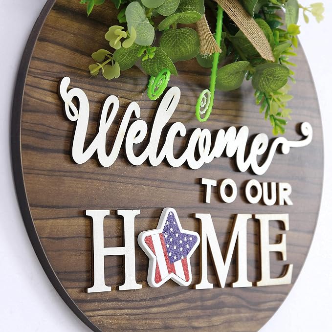 Interchange Welcome Sign Front Door Wreaths for Spring Fall Summer Winter | Rustic Wood Wreaths for Wall Home House Warming gifts Outdoor Farmhouse Porch All Seasons Holiday Halloween Christmas