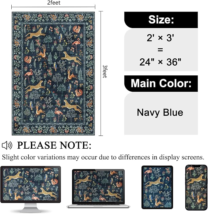 DUKINO 2x3 Entryway Rug, Washable Door Mat Animal Kitchen Rug, Navy Blue | Non Slip, Low Pile, Soft Indoor Small Rug for Entrance, Bedroom, Bathroom, Laundry, Pet Friendly, Lightweight, Non-Shedding