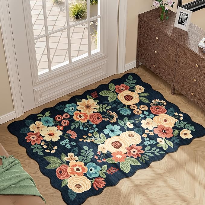 DUKINO 2x3 Rug for Entryway, Floral Door Mat Washable Rug, Navy Blue | Non Slip, Low Pile, Soft Small Rugs for Kitchen, Entrance, Bedroom, Bathroom, Laundry, Pet Friendly, Non-Shedding, Home Decor