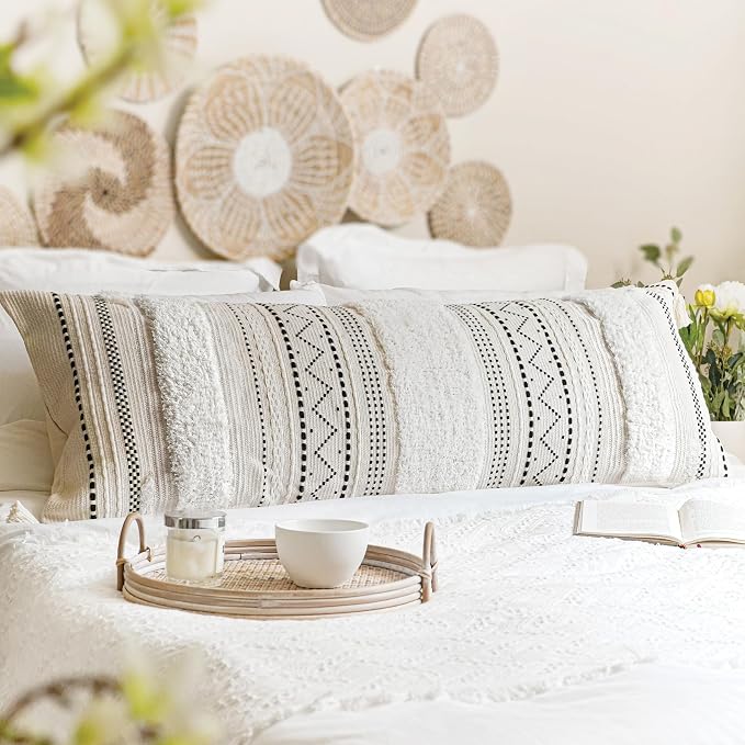20X54 Oversized Large Lumbar Pillow Cover for Bed, Rectangular Long Decorative Throw Pillowcase, Cotton Boho Accent Cushion with Black Tufted Pattern and Tassels, Cream Neutral (Cover Only)