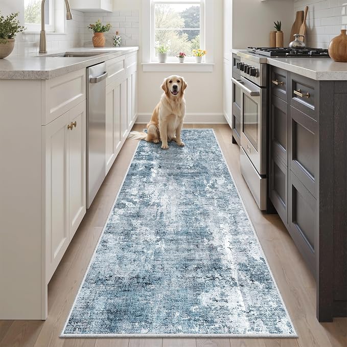 Soalmost Abstratc Runner Rug 2x5 Washable Kitchen Entry Runners Blue/Grey | Non-Slip Low-Pile Rugs for Bathroom Laundry Room, Vintage Foldable Floor Carpet Mat Hallway Entryway for Corridor Bedroom