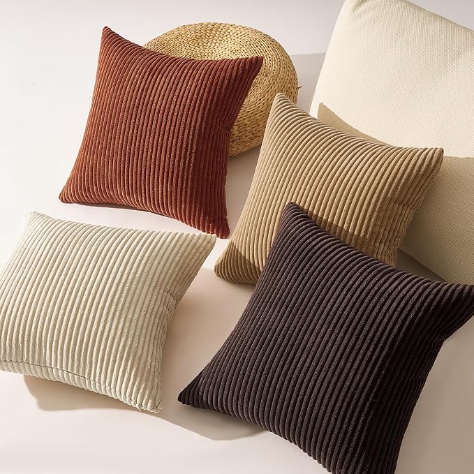 Topfinel Beige Brown Gradient Farmhouse Pillow Case 24x24 Decorative Pillow Covers Set of 4 Rustic Modern Soft Corduroy Striped Cushion Covers for Sofa Couch Living Room Bedroom