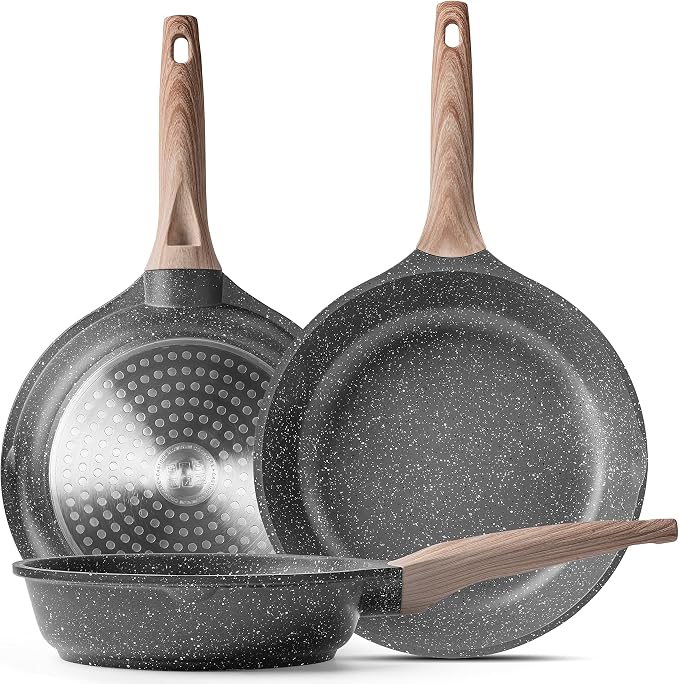 Caannasweis Nonstick Granite Pot and Pan Sets Frying Pan Skillet | Non Stick Omelette Fry Pans, Omelet Egg Pan, Stone Cookware Chef's Pan, Induction Compatible, PFOA Free (Gray, 3 Pcs)