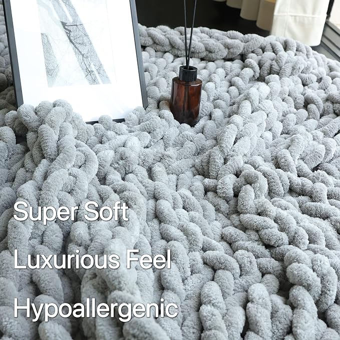 Maetoow Chenille Chunky Knit Blanket,Handmade Cozy for Home Decor,50×60,Grey