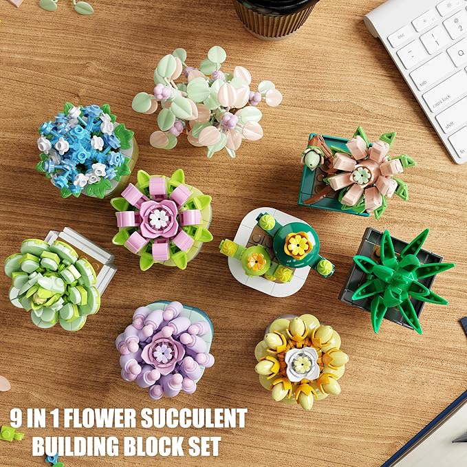9 in 1 Tiny Flowers Succulents Artificial Plant Set-Creative Botanical Building Block Toy, Botanical Collection for Office&Home Decor, Birthday Gift for Adults and Kids 8-12(832 PCS)