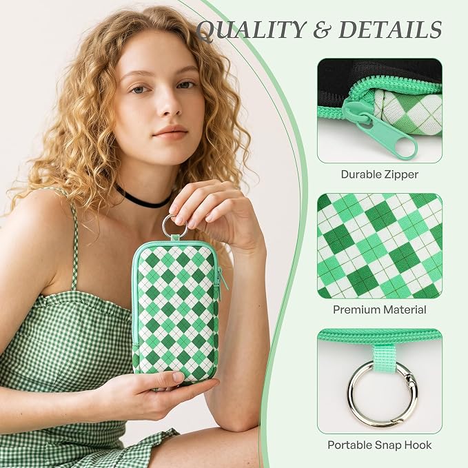 KJQJLY 2 Pack Portable Tampon Organizer Bag Tampon Holder & Storage Case with Zipper for Travel, Discreet Period Bag for Purse, Waterproof Feminine Products Pouch for Women (Yellow and Green Lattice)