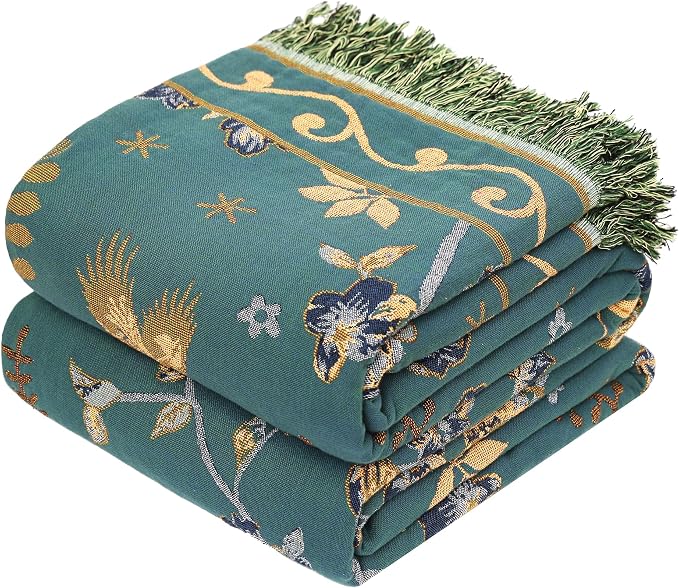 VANJOROY Boho 100% Cotton Large Throw Blanket - All Season Rustic Ultra Soft Breathable Floral Bird Blanket for Bed Sofa Couch Chair Bedspread Quilt Gift, 80" x 90"-Teal/Beige