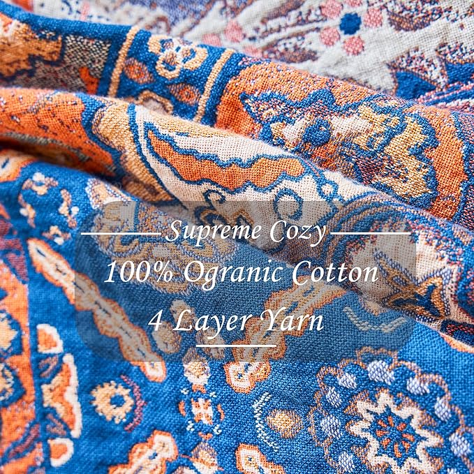 VANJOROY Boho Throw Blanket for Bed Couch 60" x 80", 100% Organic Cotton Skin-Friendly Ultra Soft Quilt Throw - Floral Rustic Living Room Decor Luxury Reversible Blanket for Sofa Chair and Gift
