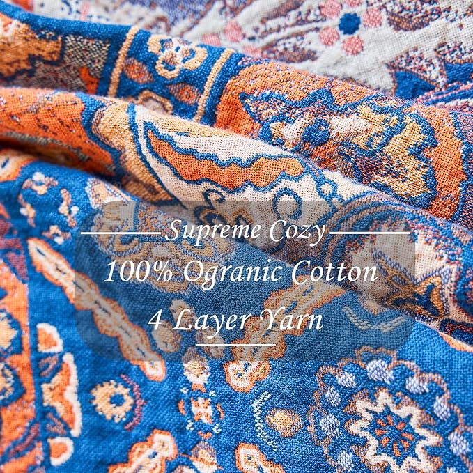VANJOROY Boho Throw Blanket for Bed Couch 50" x 60", 100% Organic Cotton Skin-Friendly Ultra Soft Quilt Orange Throw - Floral Rustic Room Decor Luxury Reversible Blanket for Sofa Chair and Gift