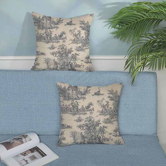 Blue Toile Pillow Covers 18x18 Inch Set of 2 Vintage French Country Throw Pillows Outdoor French Country Decorative Pillow Cases Rustic Linen Decor Farmhouse Cushion Case for Couch Bedroom