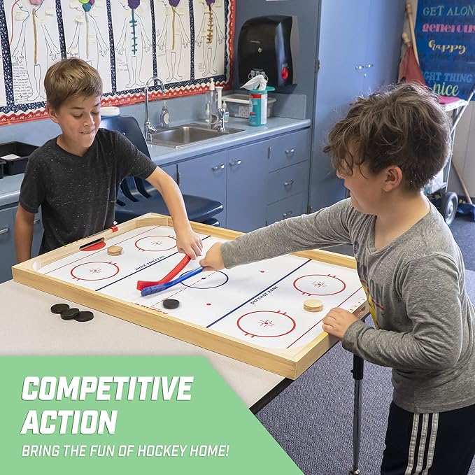 GoSports Hockey Ice Pucky Wooden Table Top Hockey Game for Kids & Adults - Includes 1 Game Board, 2 Hockey Sticks & 3 Pucks