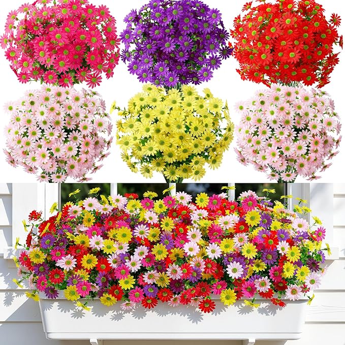 Alupssuc 30 Bundles Artificial Daisies Flowers Fake Silk Plant for Indoor Outdoor Decor, UV Resistant No Fade Faux Spring Flowers for Garden, Porch & Patio Decoration,RedRosyPurpleYellowPink