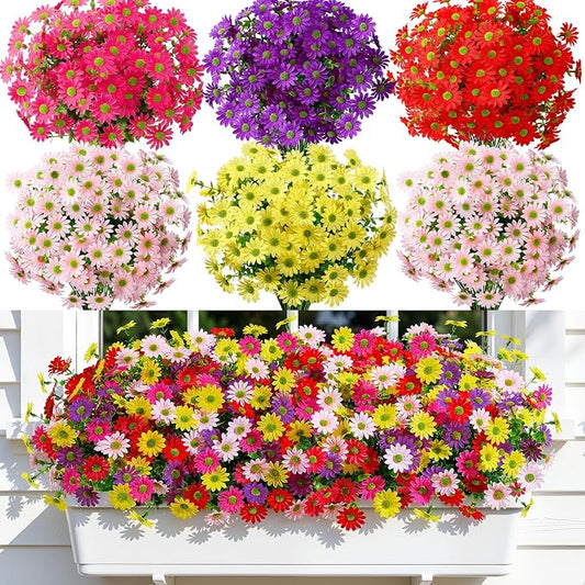 Alupssuc 40 Bundles Artificial Daisies Flowers Fake Silk Plant for Indoor Outdoor Decor, UV Resistant No Fade Faux Spring Flowers for Garden, Porch & Patio Decoration,RedRosyPurpleYellowPink