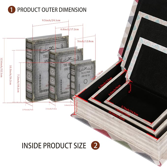 Vintage Faux Leather Decorative Book Box Set of 3 – Wooden Secret Storage Box with Magnetic Closure, Hidden Organizer for Bookshelf, Desk, or Office Decor (The Old Man and The Sea)
