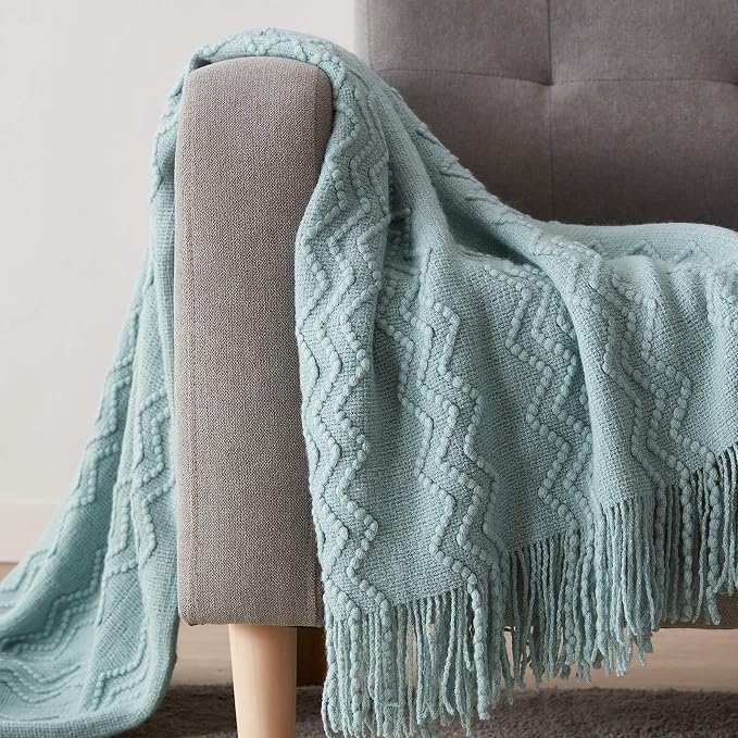 BOURINA Aqua Throw Blanket 50x90 Inch Boho Knitted Soft Throw Sofa Blanket | Knitted Throw Blanket 50x90 Inches, Soft Lightweight Boho Weave Throw Decorative Couch Blanket for Living Room Bed Runner