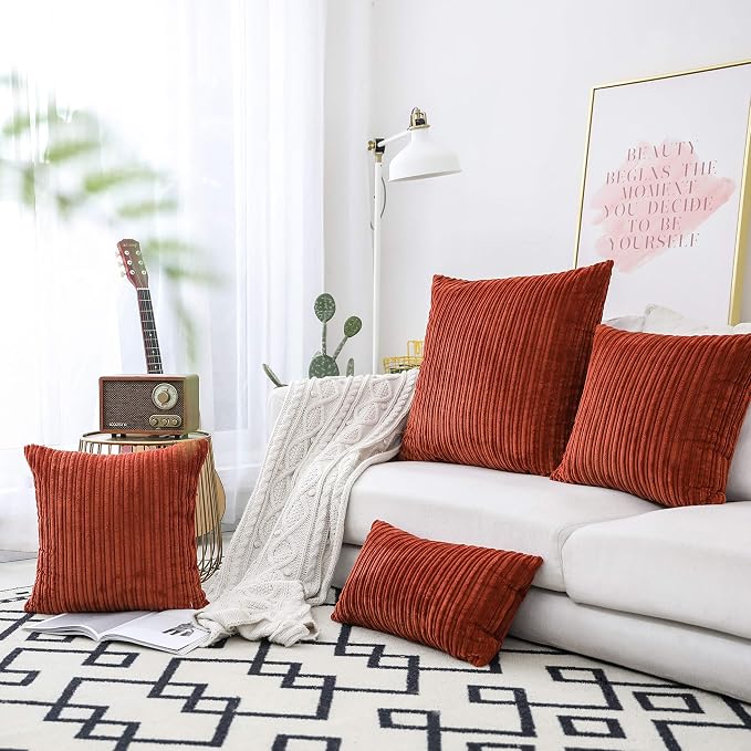 UGASA Fall Decor Super Soft Striped Corduroy Pillow Covers Large Throw Pillow Sham Cushion Cover Living Room, 1 Pc, 24" x 24" (Pack of 1) (61cm), Burnt Brick
