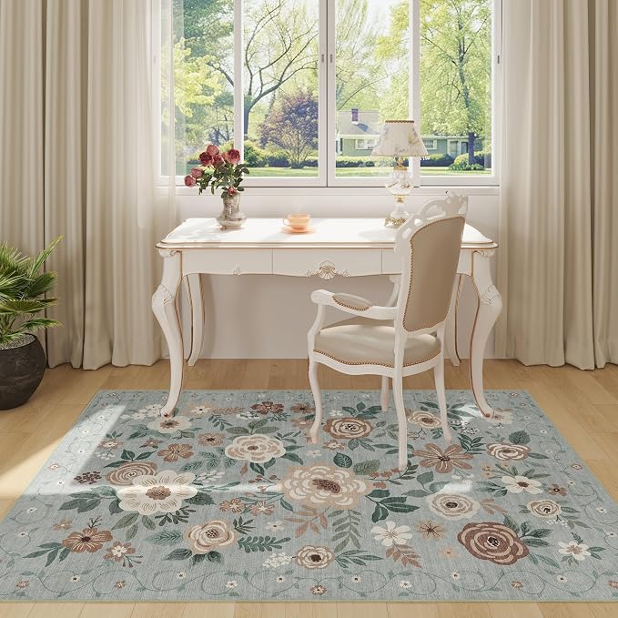 DUKINO 3x5 Area Rug, Floral Washable Rug for Bedroom Non Slip, Sage Green | Soft, Stain Resistant Low Pile Indoor Rug for Entryway, Bedroom, Bathroom, Living Room, Pet Friendly, Home Decor, Lightweight