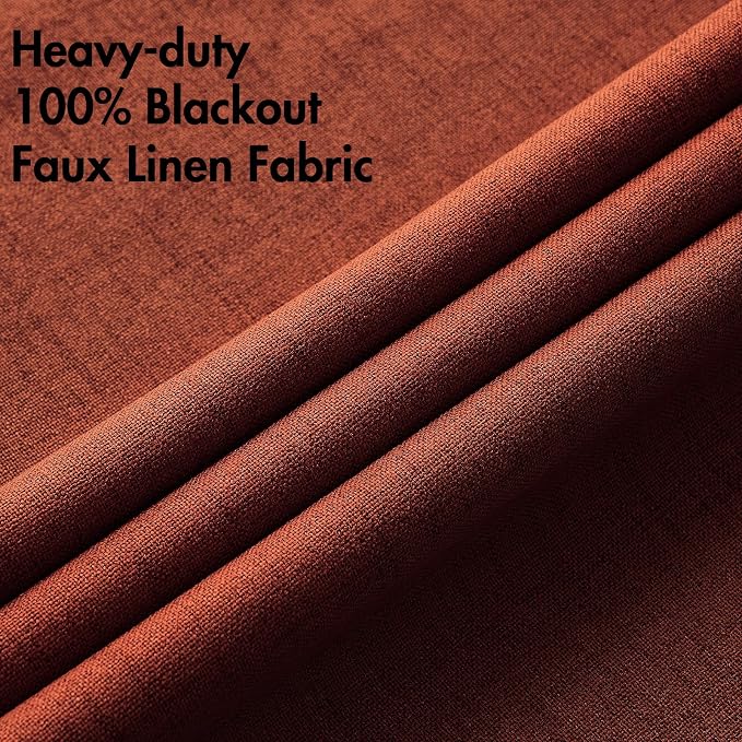MIULEE 100% Blackout Linen Curtains for Bedroom Thermal Insulated Burnt Orange Grommet Room Darkening Curtains & Drapes Rust Terracotta Fall Decor for Living Room 52 x 96 Inch (2 Panels)