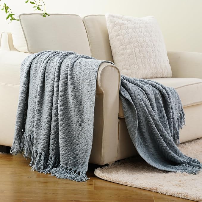 BATTILO HOME Blue Grey Chenille Throw Blanket for Couch, 60"x80" | Knit Throw Blanket, Super Soft Warm Home Decor Blue Throw Blanket with Tassels for Bed,Sofa and Living Room