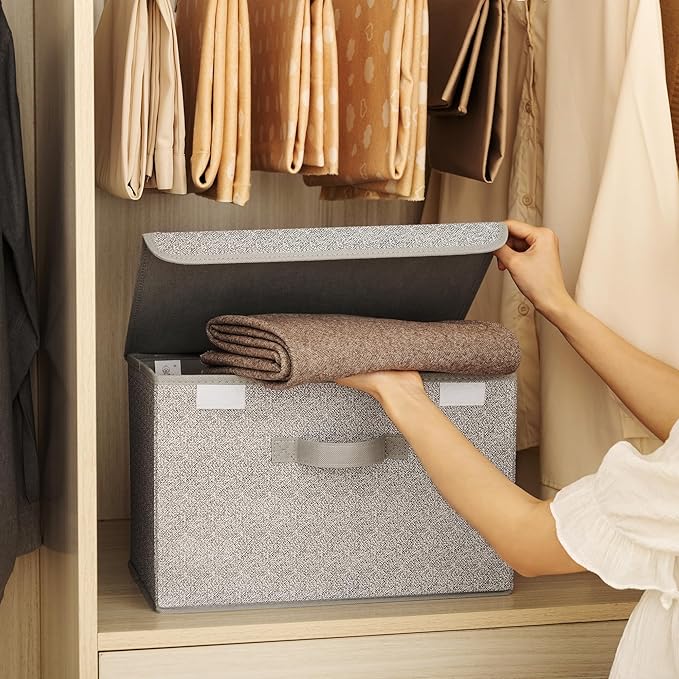 GRANNY SAYS Storage Baskets with Lids, Clothes Storage Boxes, Fabric Storage Bins, Keepsake Box, Closet Organizers and Storage, Gray, 2-Pack | Flip-Top Lid, Collapsible, Stackable, 3 Handles, Ideal for Closet Clothes Blanket Toys, Large, Gray, 2-Pack