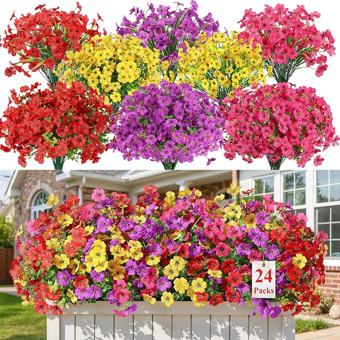 Alupssuc 24 Bundles Artificial Daisy Flowers UV Resistant for Outdoor Decor | Silk & Plastic, Spring Faux Plants Greenery, Bendable Stems, for Porch Patio Hanging Window Planter Yard Outside, 4 Colors
