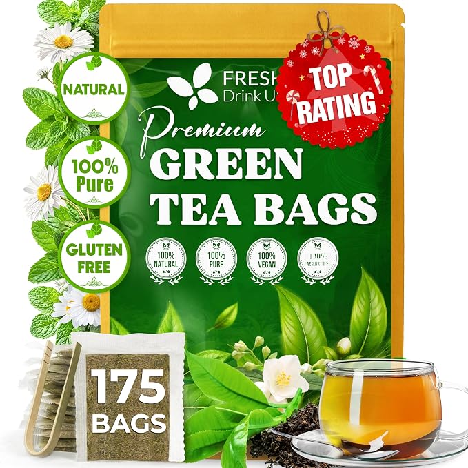 FreshDrinkUS, Premium 175 Green Tea Bags, 100% Natural & Pure from Green Tea Leaves. Loose Leaf Green Tea Herbal Tea. Made with Natural Material Tea Bags. No Sugar, No Gluten, Vegan.