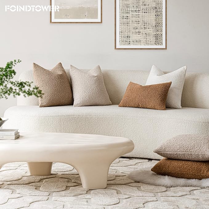 Foindtower Pack of 2 Textured Boucle Throw Pillow Covers Accent Solid Lumbar Pillow Cases Cozy Soft Decorative Couch Cushion Case for Chair Sofa Bedroom Living Room Home Decor, 12 x 20 Inch,Tobacco